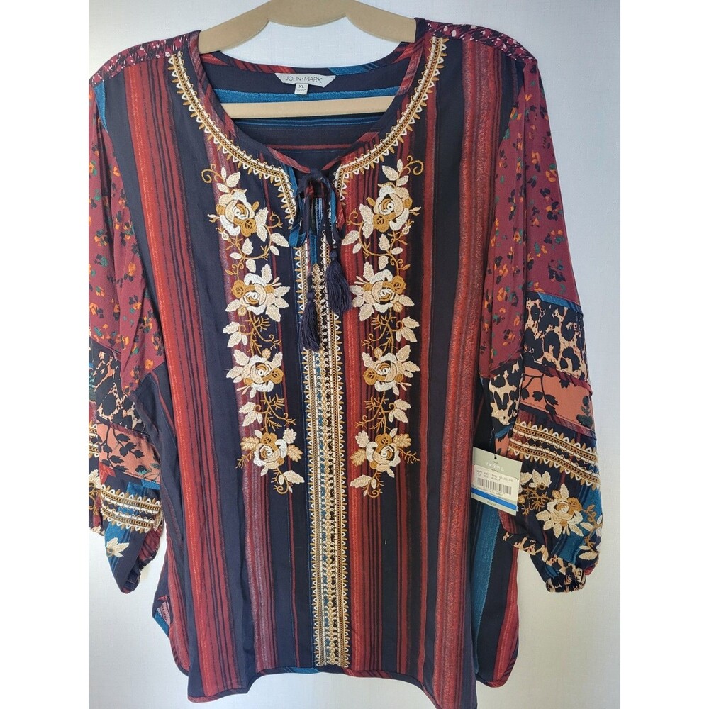 John Mark Womens Embroidered Stripe Tassel Tie Tunic Boho Floral Contrast XL - Picture 4 of 12